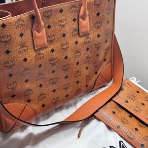 MCM Tan and Black Logo Tote with Pouch